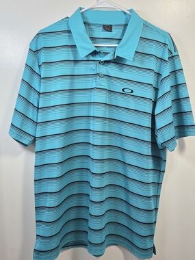 Oakley Mens XL Blue Striped Golf Polo Shirt Performance Hydrolix Short Sleeve